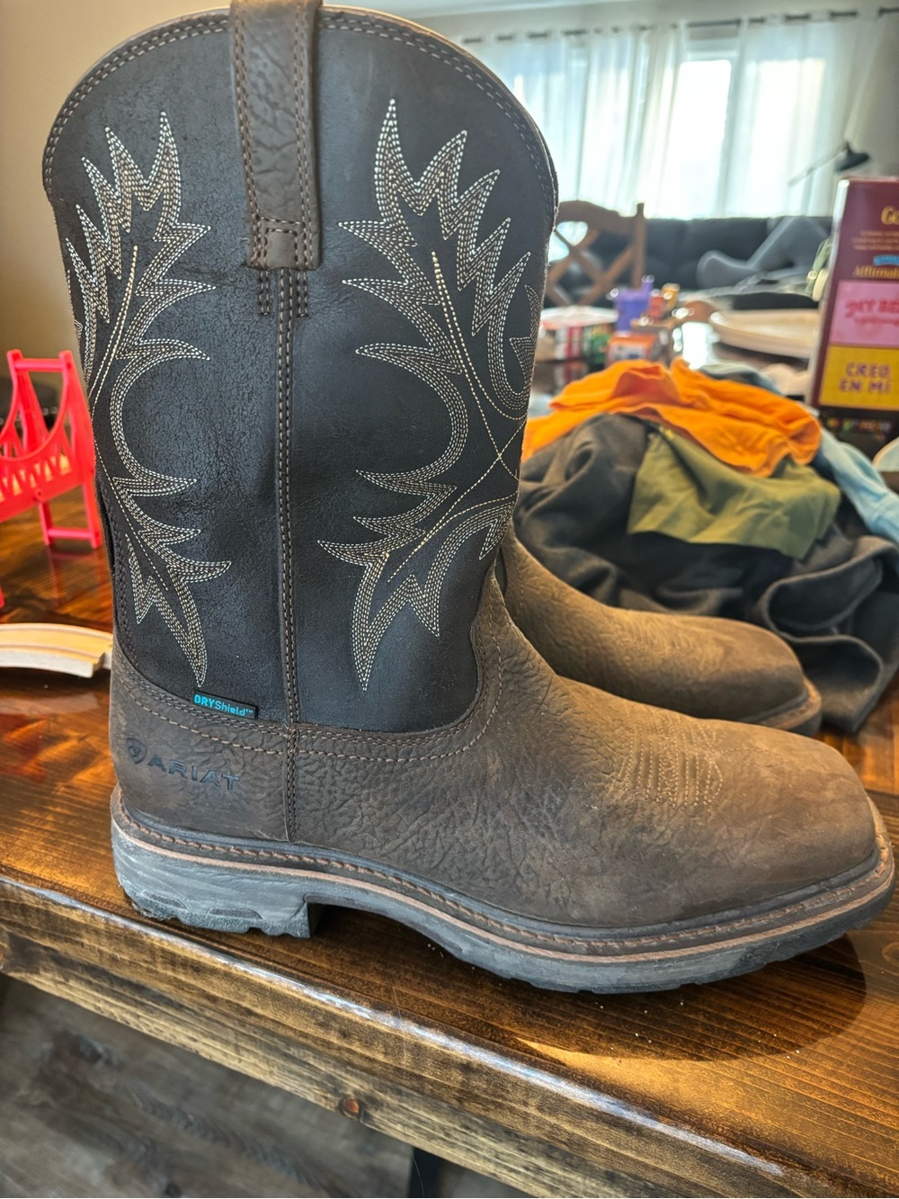 Ariat Men's Dark Brown Western Work Boots with Embroidered Shaft